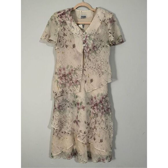 R&M Richards Vintage Floral Cream Chiffon Fairy Dress w/ Sheer Cover Up Formal S - Picture 2 of 7